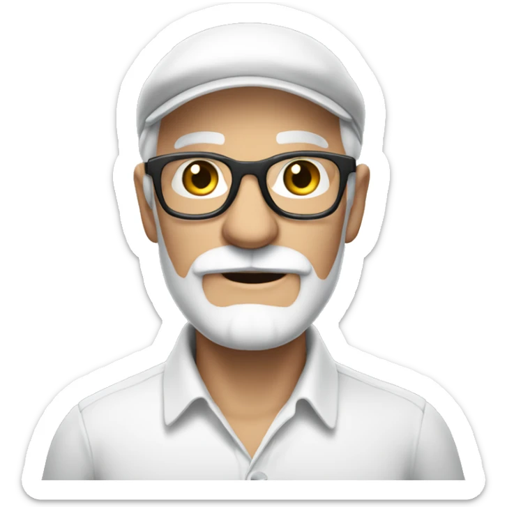 old man in white shirt with a white beard, glasses and a French cap on sticker