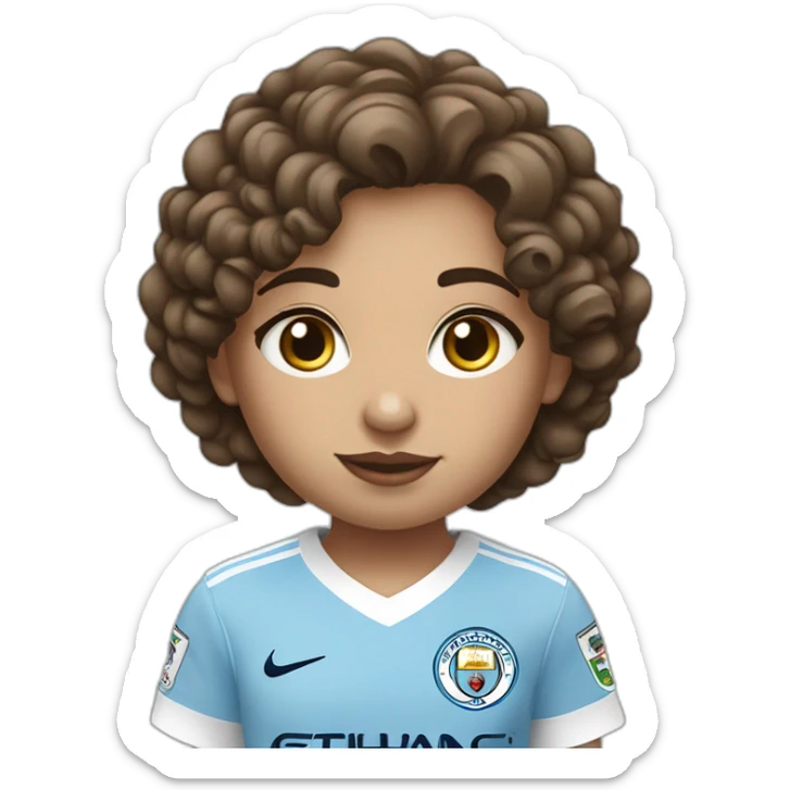 girl with short curly brown hair and eyes wearing Manchester City football shirt standing with a soccer ball sticker