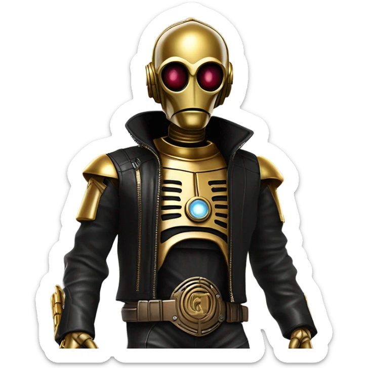 battle rough and tough c3Po wearing Satan’s leather biker outfit with guns hat on head. walking sticker