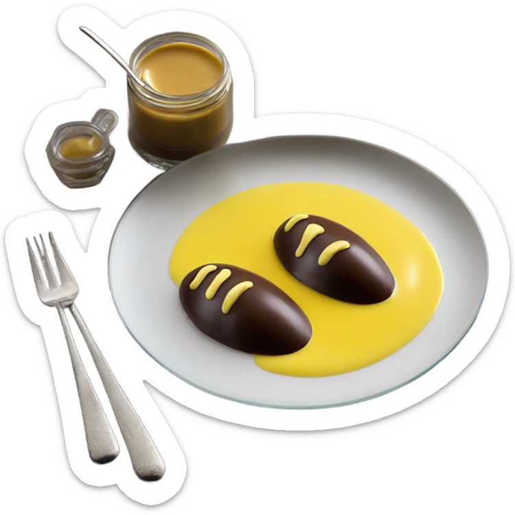 1 Chocolate quenelle and 1 vanilla quenelle on glass plate with 3 small drops of yellow sauce sticker