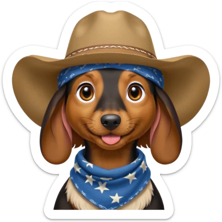 mostly black with some brown long hair daschund with a cowboy hat, ears curl out a bit and bandana and tongue slightly out sticker