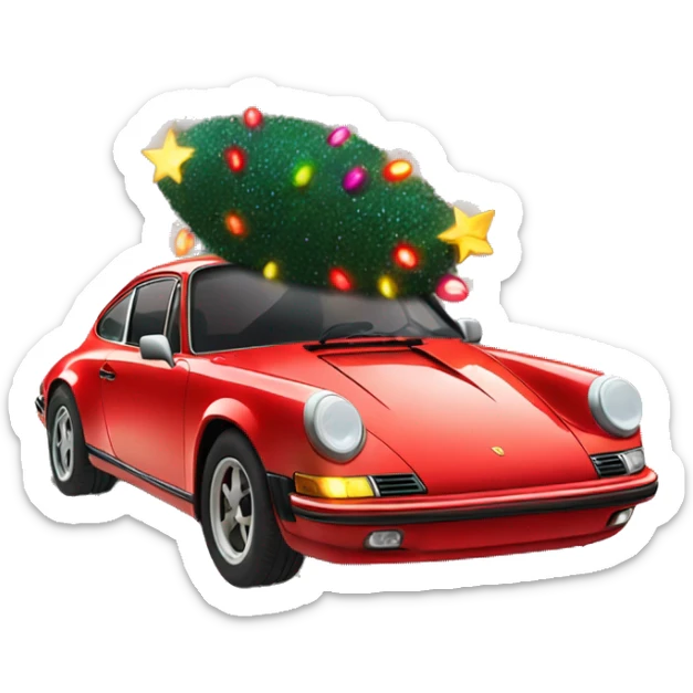 Red Porsche covered in colorful Christmas lights and a Christmas tree on the roof  sticker