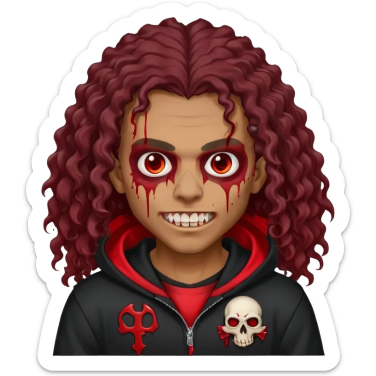 Vampire wearing black hoodie with a skull logo on it, long curly hair, brown skin, fanged teeth, blood under eye sockets/forehead, piercings on eyebrows, long curly hair with a patch (section) of red and blood on hands sticker