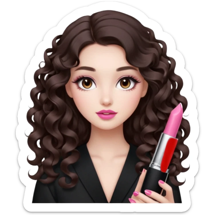 A girl with long dark brown hair styled in loose 36mm curls, beautiful round-almond eyes with long curled lashes in Douyin style. Her makeup is cool-tone neutral. She’s holding a pink lipstick similar to Rhode’s shade in one hand. sticker