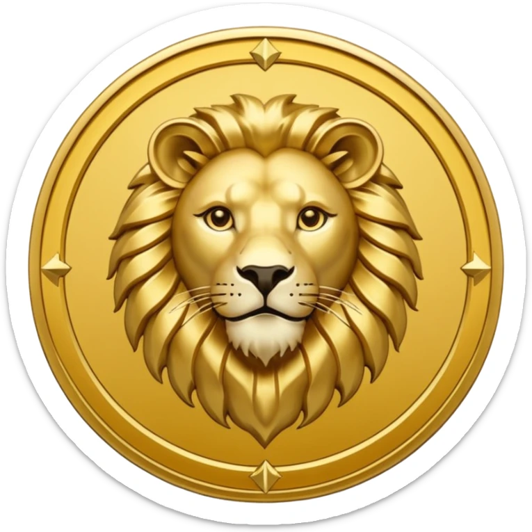 Fais un emoji de pièce d'or ronde avec l'inscription "F" dessus et un lion très détaillé gravé sur la pièce. Le F et le lion doivent être très lisible ainsi que les détails autour de la pièce. Monnaie Fcoins sticker