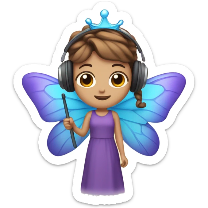 A character with brown hair, purple dress, blue butterfly wings, crown, headphones, and a wand sticker