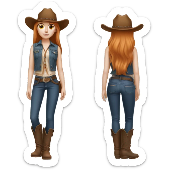 White skin, woman, feminine, 21 year old,straight hair , ginger coloured hair, beautiful, British, stylist, aesthetic, side and bangs, sensual looking, full body, complete body figure,slim, she’s wearing a cowboy outfit sticker