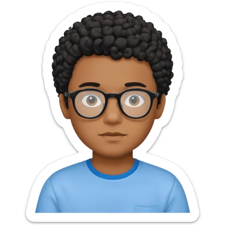 Menino moreno com cabelo curto cacheado preto, de óculos preto e blusa azul sticker