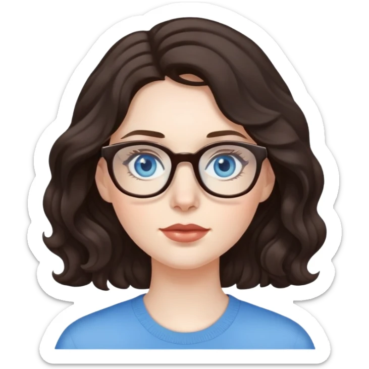 woman with pale skin, dark brown wavy hair, blue eyes and glasses sticker