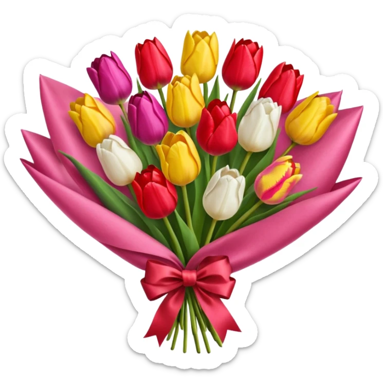 bouquet of many tulip with bow and yellow wrapping paper sticker