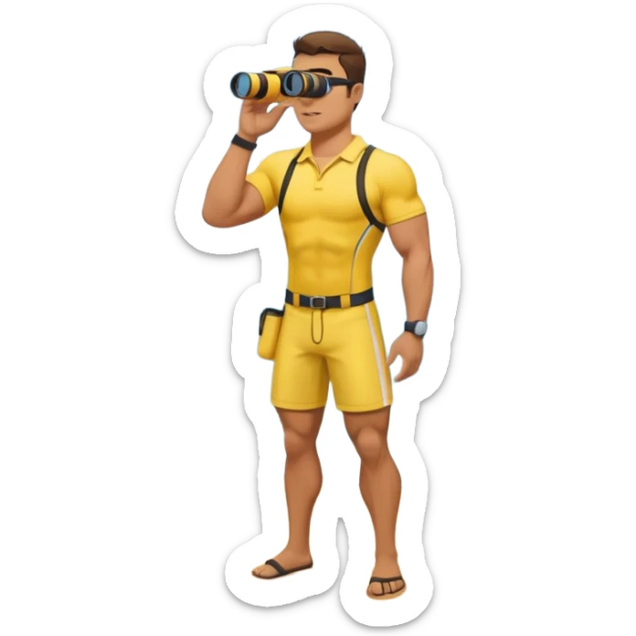 Male lifeguard – yellow shirt, binoculars in hand, scanning the sea, full body sticker