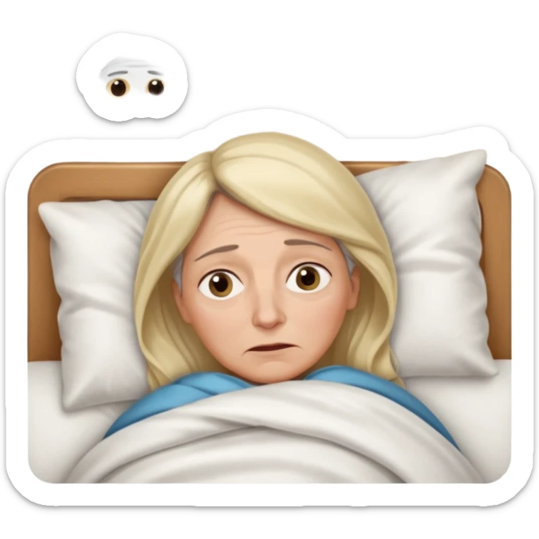 A 55-year-old woman lying in bed, unable to sleep. She looks exhausted and desperate, with visible dark circles under her eyes, tired facial expression. She is under the blankets, staring at the ceiling.  sticker