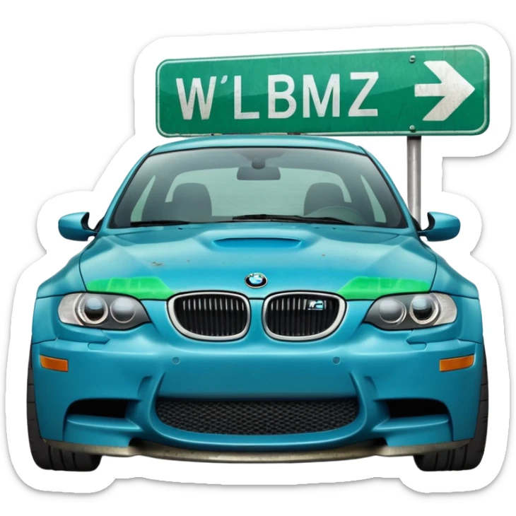 Make me an emoji with a blue bmw M3 and a street sign with W LZR on it sticker