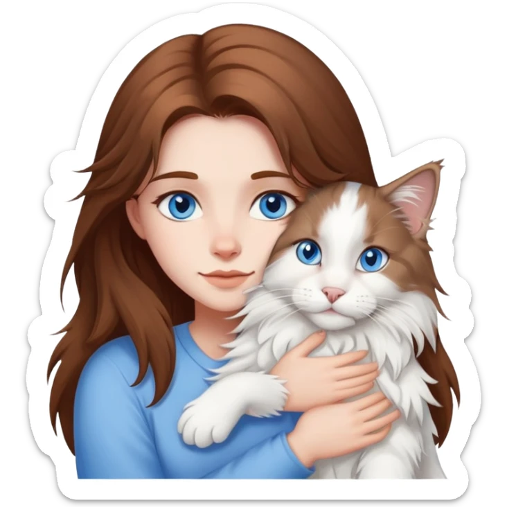 brown hair girl blue eyes hugging a white Maine Coon sticker