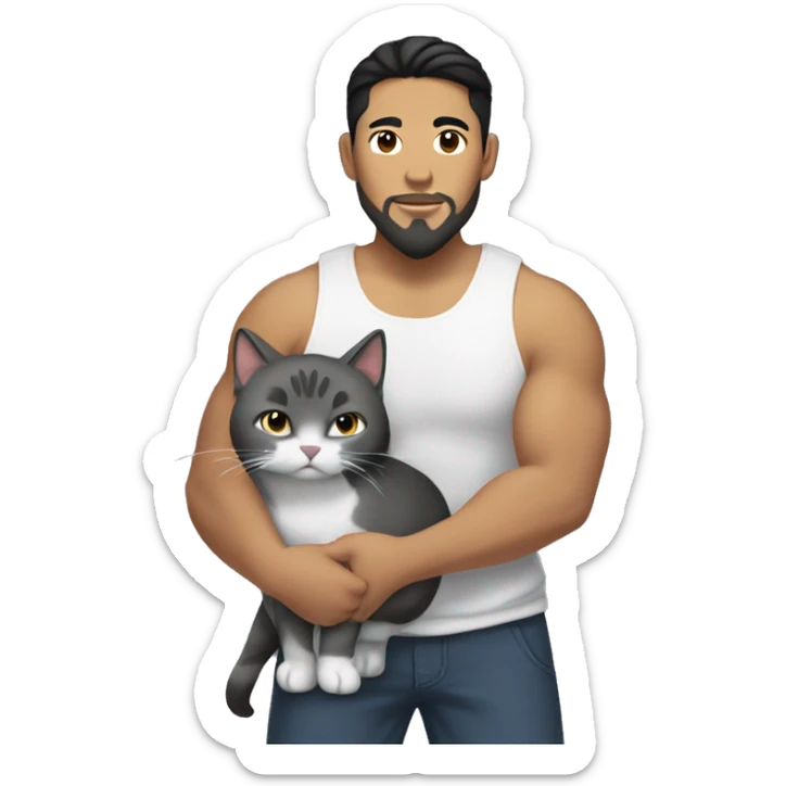 tall big Asian Pilipino man with big muscular calves, beard and man bun holding a cat that is grey and black sticker