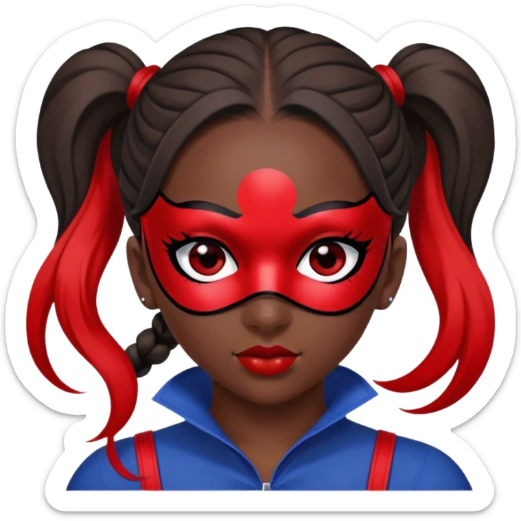 À girl with 2 ponytails, her hair are dark blue, she as a mask red with black point on her eyes and a combinaison red with black point sticker