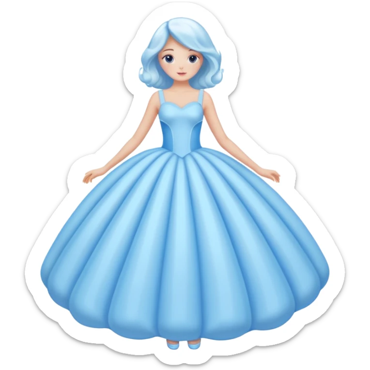 The bubble dress is typically a voluminous ball gown, designed to make Glinda look like she’s literally floating in a bubble. It features:  Pale blue or shimmering white-blue hues (in Ariana Grande’s movie version, it’s a soft, cotton-candy blue). sticker