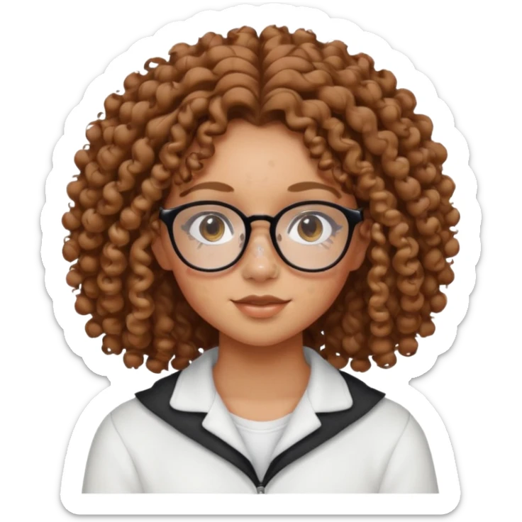 make a really curly hair, teen girl with glasses and little acne that looks like freckles longer like more than shoulder lengthcurly hair, and pretty withe makeup on giving clean girl vibes, and make her have tan skin

 sticker