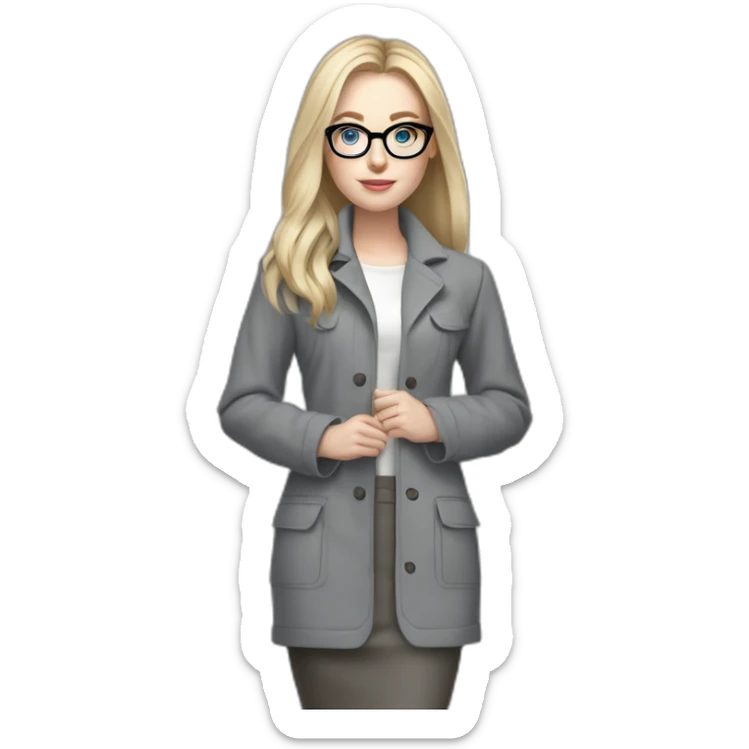 full height pale skin woman with cold blonde straight hair, care haircut, White blouse, Gray oversize jacket, Gray skirt and metal glasses holding a color palette in the hands sticker
