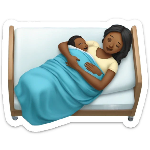 pregnant women holding her newborn baby in a blue swaddle blanket and she in laying down on a hospital bed sticker