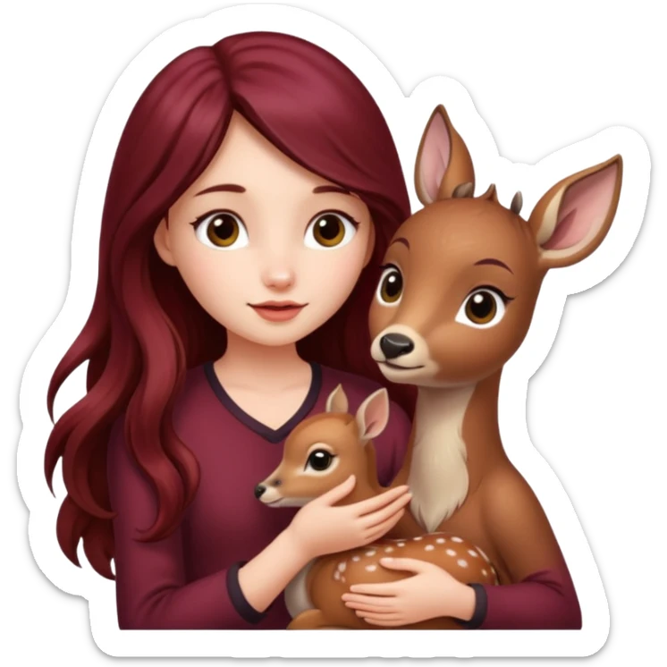 Beautiful burgundy long haired girl petting baby deer sticker