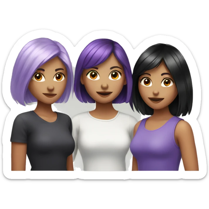 Three girls friends with purple-red short hair, black hair long and red long hair sticker