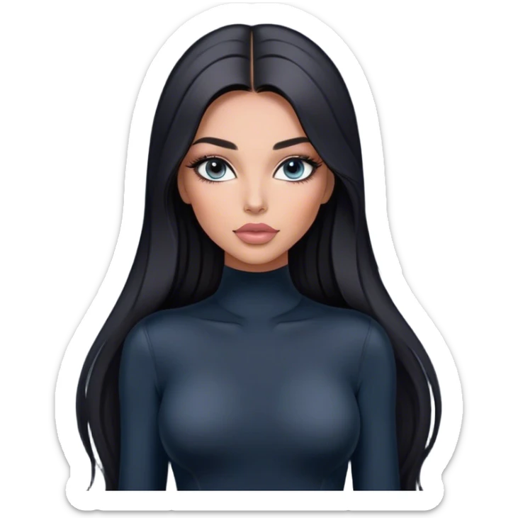 Glamours, tanned, very beautiful girl, with big pump peach-beige-rose lips, long long lashes, black straight smooth silky long hair, straight parting hair, blue-grey eyes in black long-sleeves bodysuit sticker