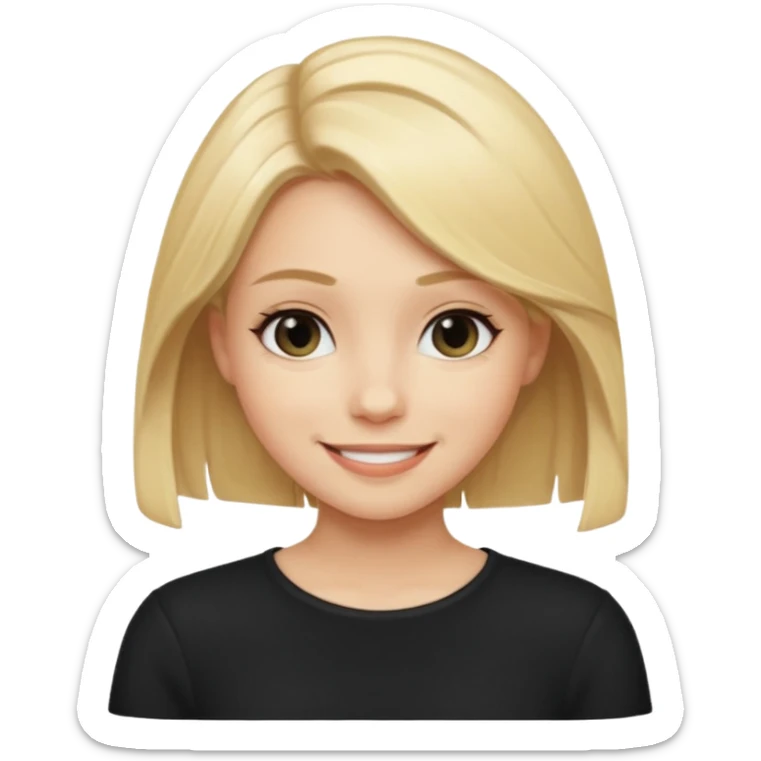 a new character a girl with shoulder length blonde hair wearing black clothes and wearing a cheeky smile sticker