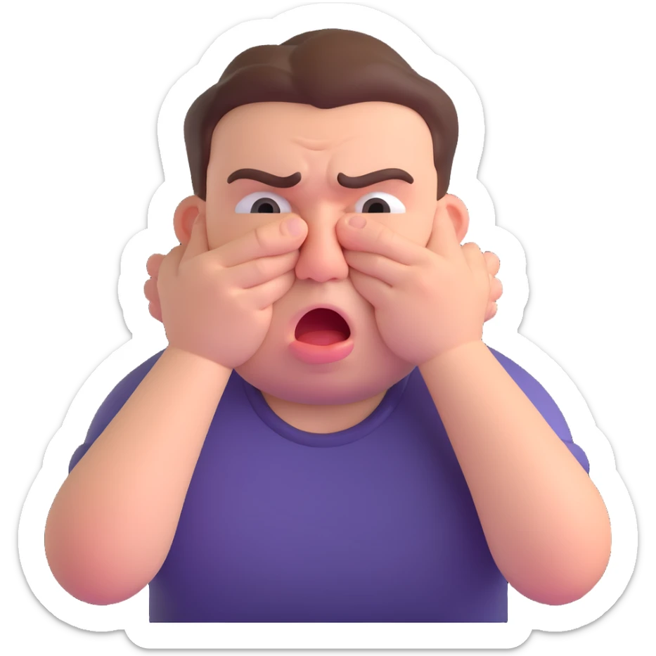 cartoon emoji of a man with puffed cheeks and crossed eyes, pretending to choke himself, funny style sticker