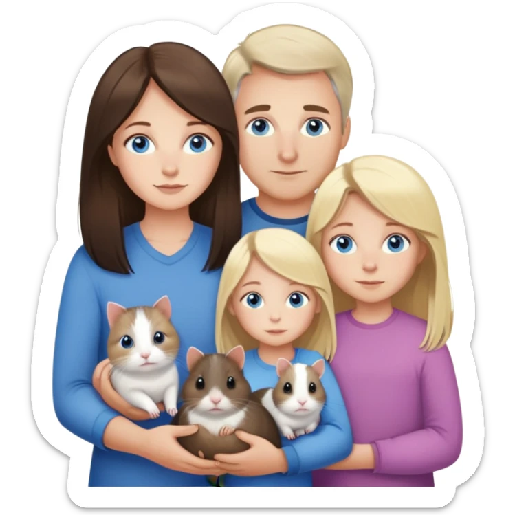 Family portrait with father with dark brown hair and blue eyes, mother with light brown hair and blue eyes, three blonde little girls with blue eyes, plus a grey cat and two guinea pigs sticker