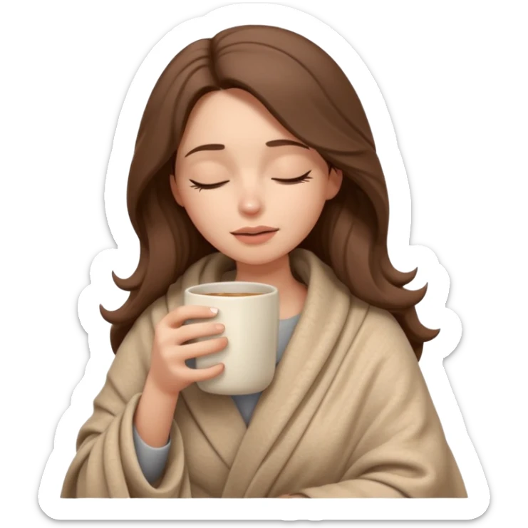 emoji-style illustration of a pretty relaxed woman with long wavy brown hair, wrapped in a cozy beige blanket, holding a mug cup, eyes closed, sad and a bit anxious expression, soft 3D cartoon rendering, warm and comforting mood, plain background
 sticker