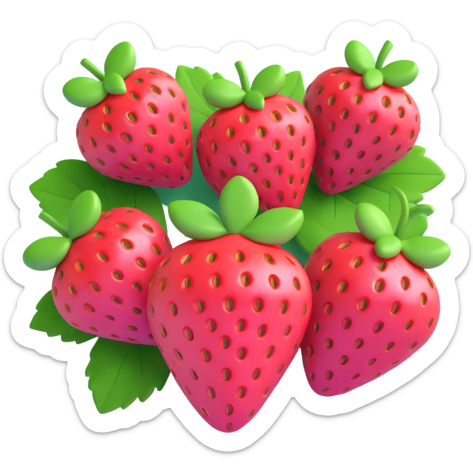 Turn this illustration of two strawberries with green leaves and a pink bow into a 3D style image, keeping the cute and vibrant look, with a soft pink background. Make the strawberries and bow appear three-dimensional and glossy. sticker