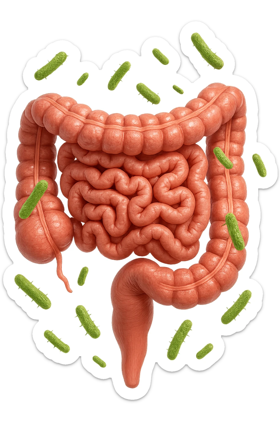 intestino umano anatomico con qualche batterio intestinale che gli fluttua intorno, ISOLATO SU SFONDO BIANCO sticker