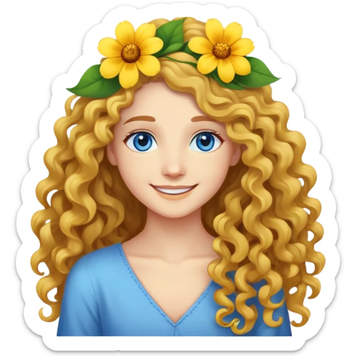 Pretty long curly hair blue eyes nice smile yellow flower in hair  sticker