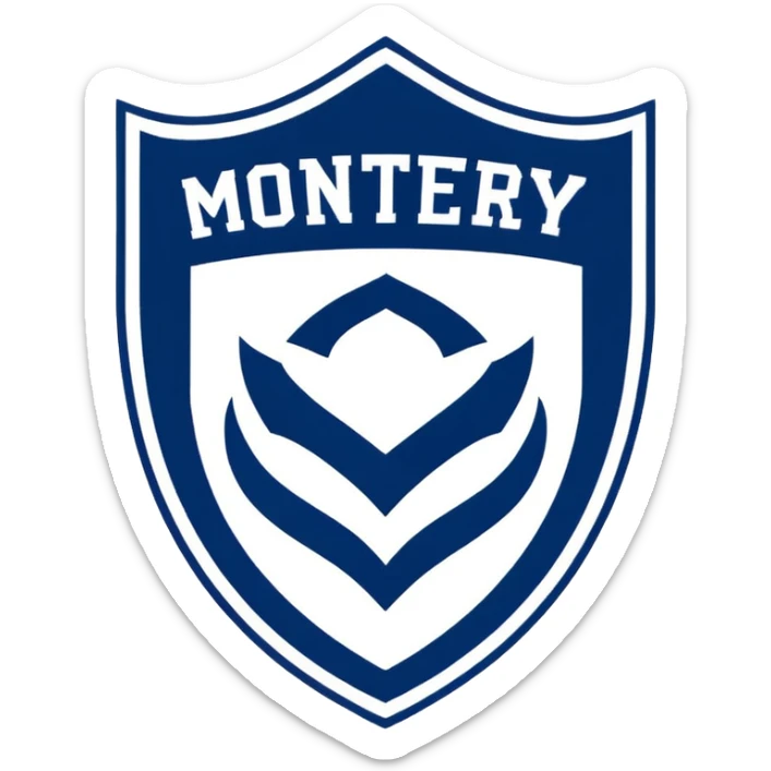 Monterey Football Club logo with thick barred shield with MY written inside and navy blue and white color sticker