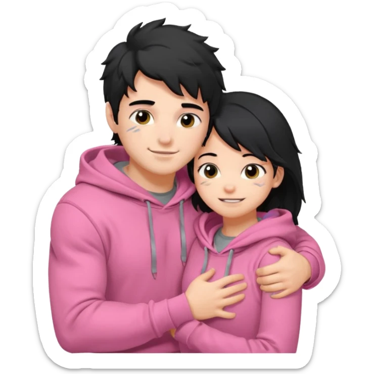 generate a pretty bratz fair skinned boy with messy black hair in a grey hoodie. Hugging his girlfriend who is wearing pink. Make him muscled sticker