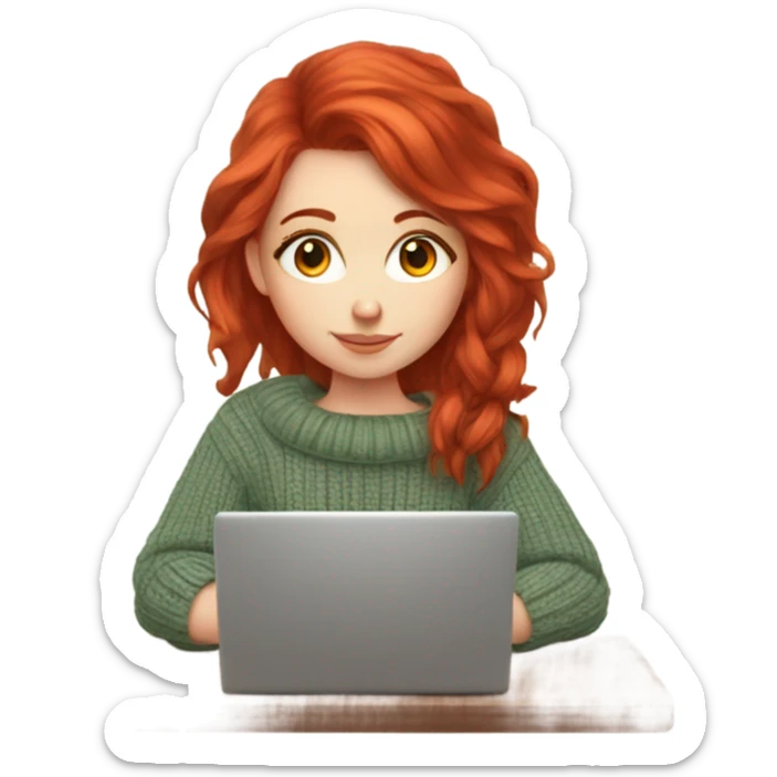 Cozy sweater Red hair girl fair skin beautiful studying laptop sticker
