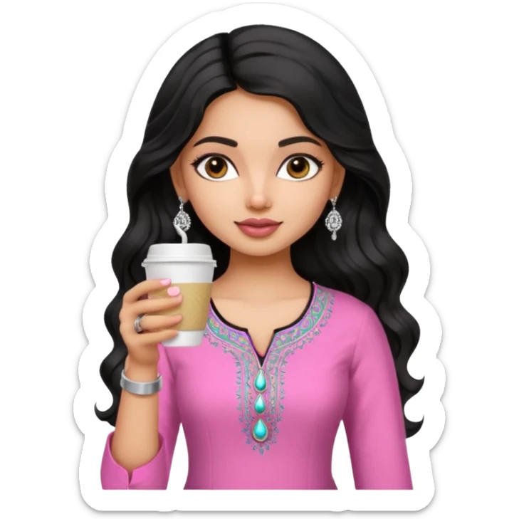 a pretty bratz fair indian girl wearing a pink kurti, drinking takeaway coffee. Silver jhumkas, black wavy hair sticker