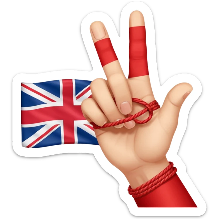 a hand with red string tied up to the pinky finger which shows a British-Hong Kong flag to the red thread of fate sticker
