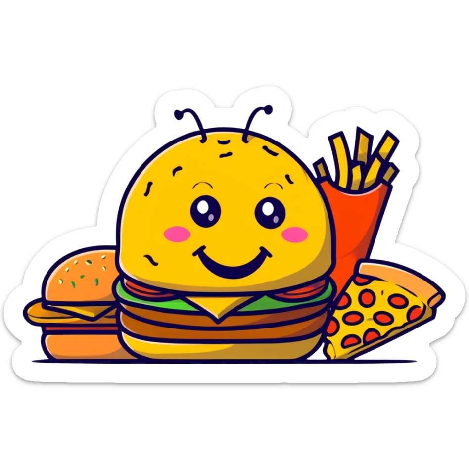 A fun food monster made of burger, pizza, and fries with cartoon eyes and a big smile sticker