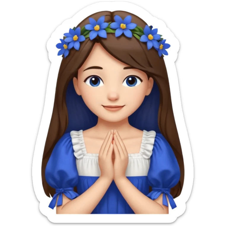 Generate a girl with her eyes closed and smiling and Boht her hands under the chin, palms facing upwards. She should be wearing a white dress with cobalt blue flowers on the dress and puffed sleeves. She has ling straight hair. Only her face and chest is visible. sticker