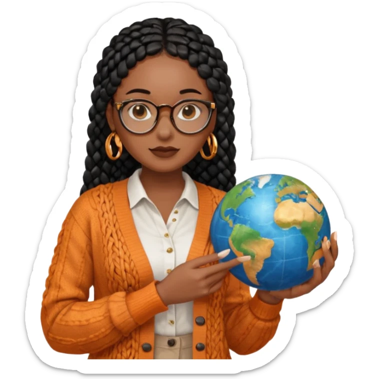 a young woman wearing fine gold round glasses and black hair in several box braids, she has light black skin, and she's wearing a white shirt with an orange-terracotta cardigan on top. She's holding a globe in one hand sticker