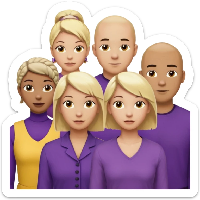5 person team; 2 men and 3 women.  All dressed in yellow or purple.  1 caucasian woman with blonde mid length hair. 1 caucasian woman with blonde short length hair. 1 caucasian woman has ash blonde hair tied up. 1 man is African-american and bald, 1 man is caucasian and very little hair left.  
 sticker