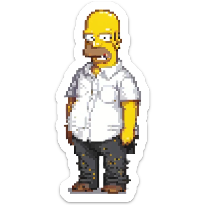 Homer Simpson pixel art style, yellow skin, bald, white shirt, cartoonish look sticker