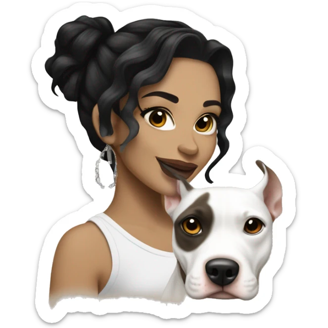 light skin woman with a face tattoo of a small cross near her eye and long wavy black hair expressing joy alongide a white and brown pitbull sticker