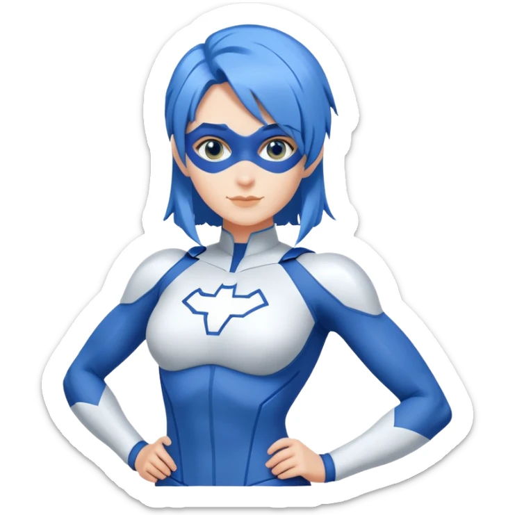 Emoji of a friendly woman with blue hair (no mask), wearing a minimalist blue and white superhero suit with broad shoulders. The suit has a large blank area on the chest for a logo, uses only blue and white colors, and has minimal details. Image is cropped at the chest level. sticker
