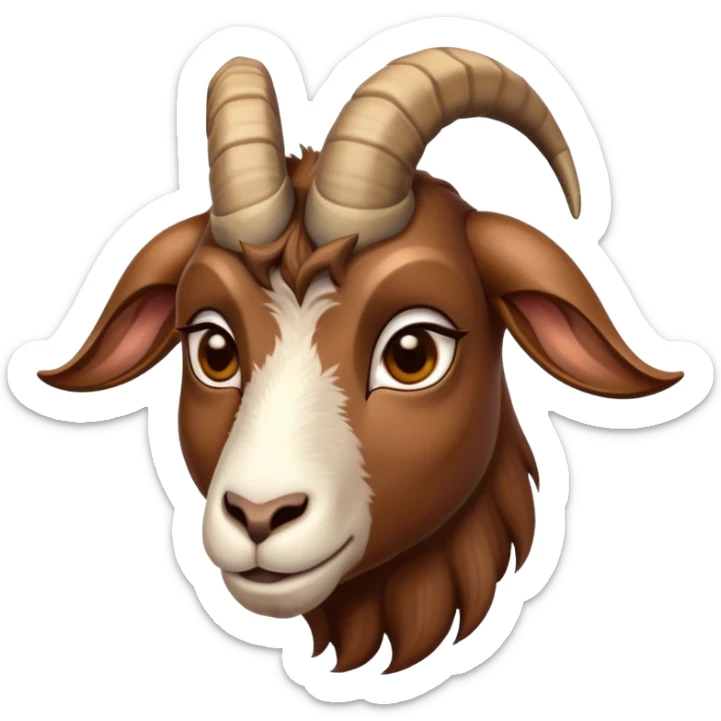 Cinematic Noble Brown Goat Portrait Emoji, Poised and regal, with a sturdy, agile build and a smooth, well-groomed rich brown fur accented by gracefully curved horns, deep-set soulful dark eyes, Simplified yet sharp and sophisticated features, highly detailed, glowing with a warm, dignified glow, high shine, intelligent and spirited, stylized with an air of rustic elegance, focused and attentive, soft glowing outline, capturing the essence of a watchful and confident goat, so majestic it feels as though it could leap out of the screen with effortless authority! sticker