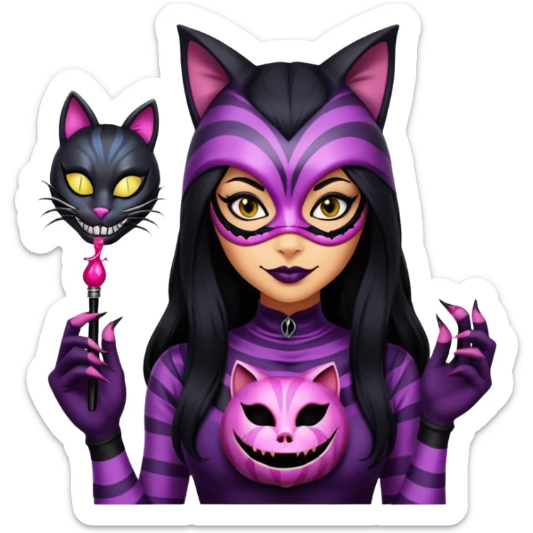 a deadly woman with tan skin, long black hair, wearing a creepy Cheshire cat mask. She’s dressed in a sleek assassin outfit and holds poison-tipped claws.  sticker