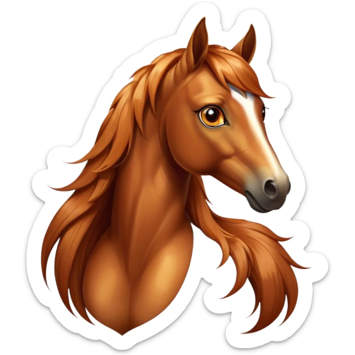 Cinematic Elegant Chestnut Horse Portrait Emoji, Head held high with a serene, graceful gaze, showcasing a magnificent chestnut fur with a radiant shimmer, flowing mane and tail, and luminous amber eyes that exude beauty and grace, Simplified yet majestically refined features, highly detailed, glowing with a soft, ethereal light, high shine, poised and breathtaking, stylized with an air of pure elegance, capturing the essence of a stunning and graceful steed, so beautiful it feels like it could gallop out of the screen with effortless charm! sticker
