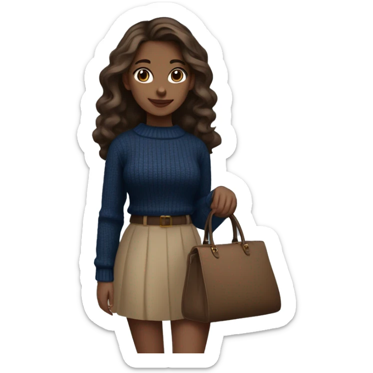 A girl wearing dark blue sweater with beautiful brown eyes beige skin and brown hair long and wavy, and she is wearing a black skirt and holding a blue dark bag classy sticker